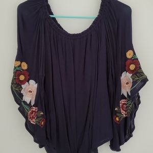 Off the shoulder navy blue foral shirt